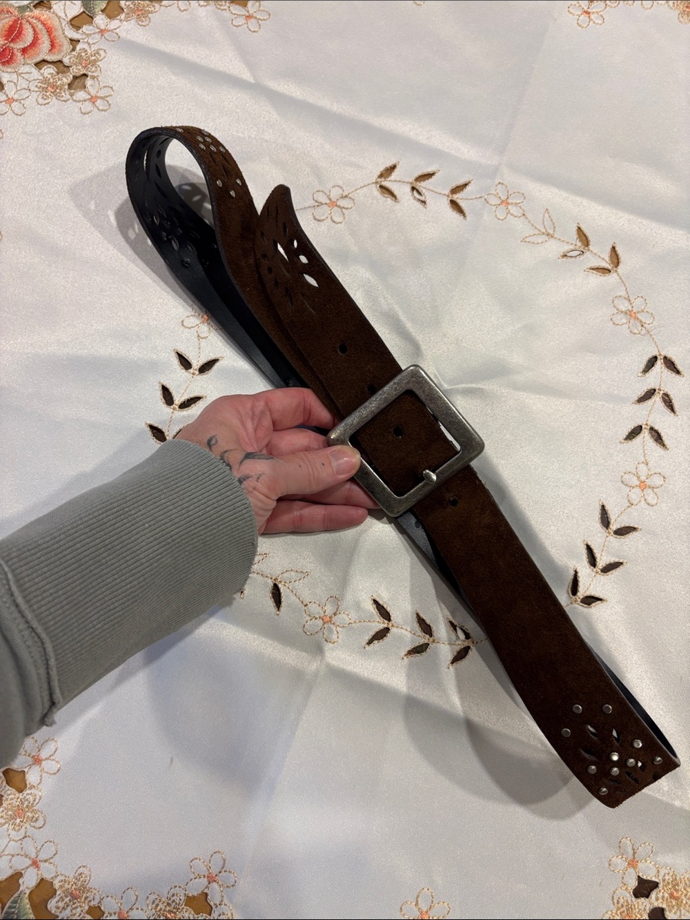 TILT Brown Suede Cutout Belt with Square Metal Buckle